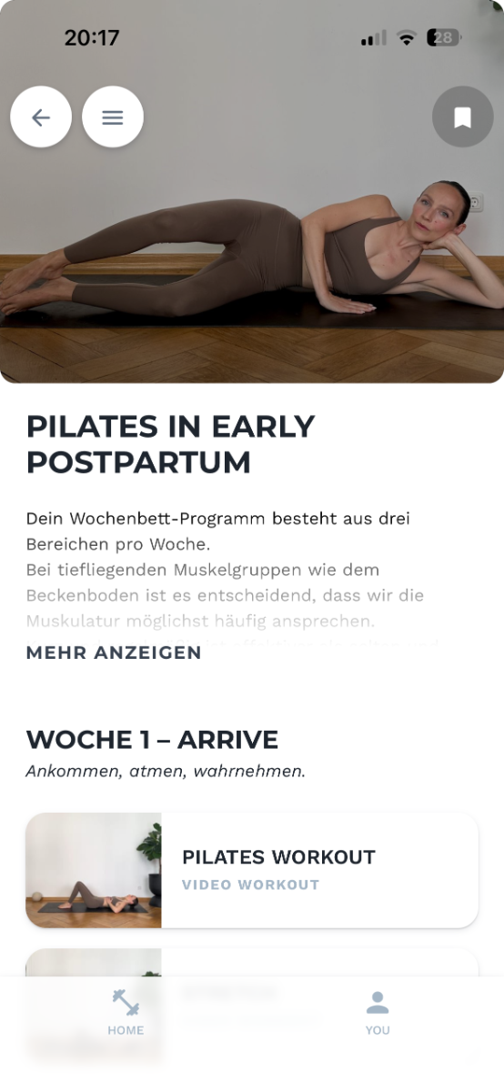 App-Screenshot: Pilates in Early Postpartum, Woche 1